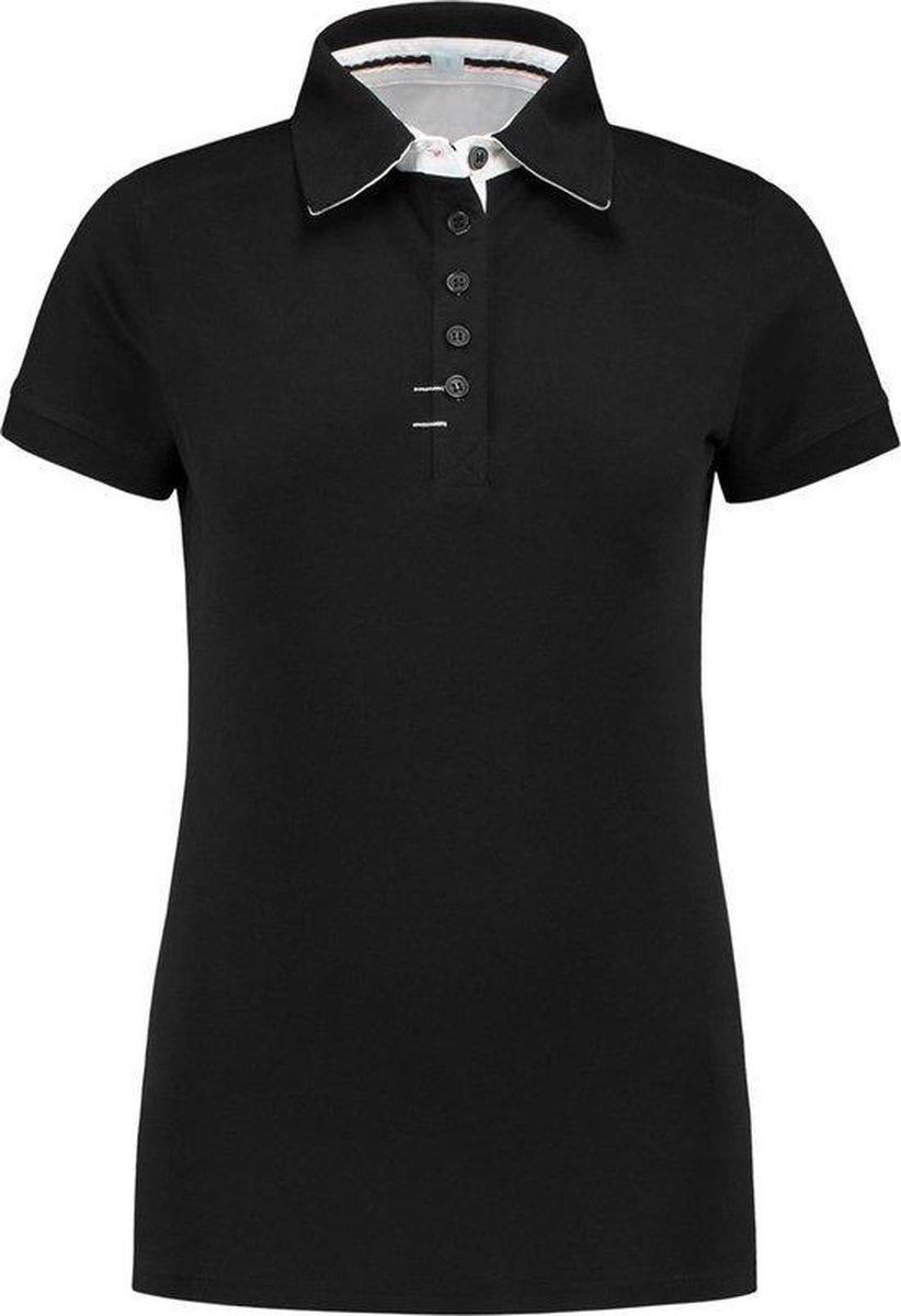 L&S Polo Contrast Cot/Elast SS for her - zwart / wit - Maat L