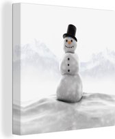 Canvas Schilderij Sneeuwpop in de sneeuw - 90x90 cm - Wanddecoratie