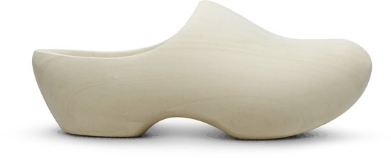 Lichtbruine houten klomp, van de zijkant bekeken.