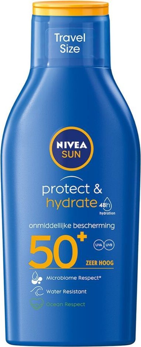 NIVEA SUN Protect & Hydrate Zonnemelk Travelsize - SPF 50 - Mini Zonnebrand - Waterbestendig - 100 ml - NIVEA