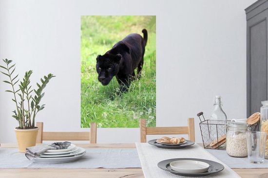 Stickers muraux - Un jaguar noir se faufile dans l'herbe - 60x90 cm - Film  adhésif