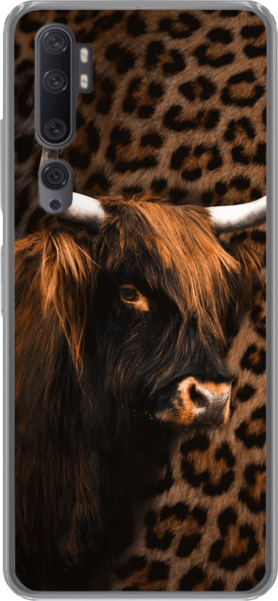 Telefoonhoesje Geschikt voor Xiaomi Mi Note 10 Pro hoesje - Schotse hooglander - Vacht - Panterprint - Siliconen Telefoonhoesje Telefoonhoesje