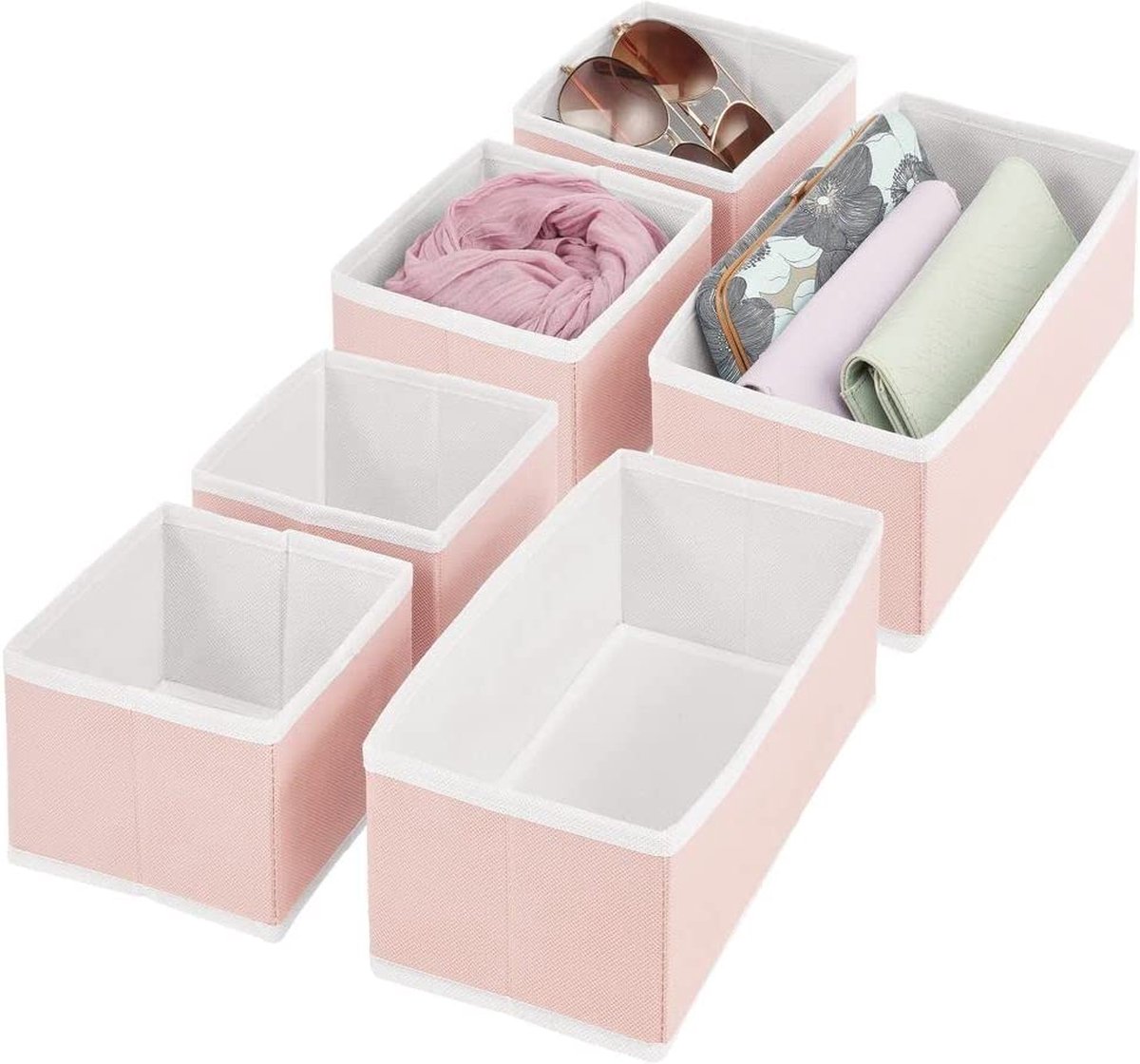 mDesign Set van 6 kastopbergdozen – stoffen opbergkasten met getextureerde print voor kleding en accessoires – Slaapkameropbergkasten voor ladeorganisatie – roze/wit