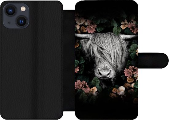 Étui pour téléphone iPhone 13 Bookcase - Highlander écossais - Fleurs - Rose - Avec compartiments - Étui portefeuille avec fermeture magnétique