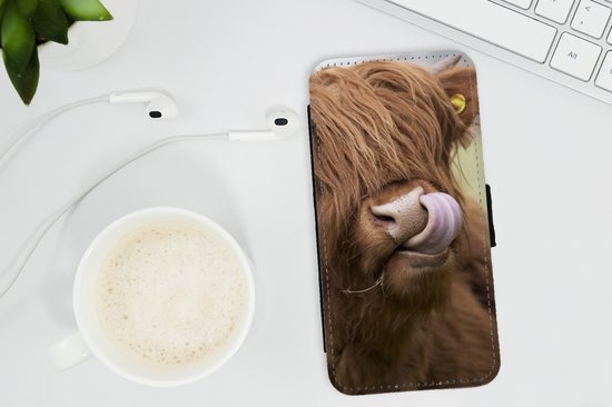 Bookcase téléphone iPhone 13 Mini Bookcase - Scottish Highlander - Marron - Animaux - Avec compartiments - Étui portefeuille avec fermeture magnétique