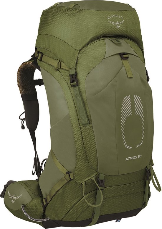 Groene Osprey Atmos 50 rugzak met zijvakken en reflecterend logo.