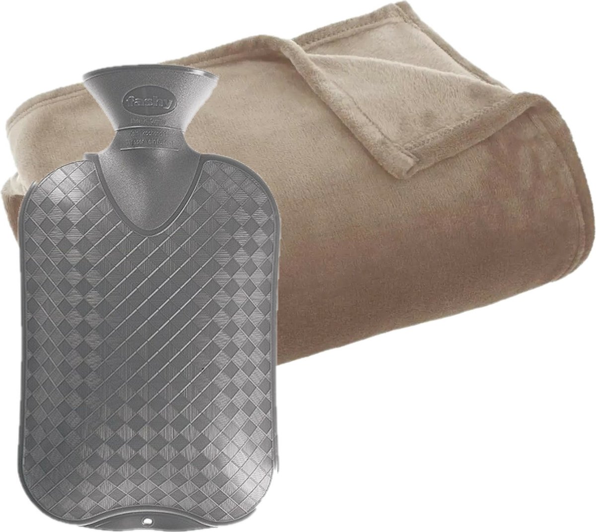 Fleece deken/plaid Donker Beige 130 x 180 cm en een warmwater kruik 2 liter