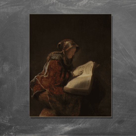 Wanddecoratie / Schilderij / Poster / Doek / Schilderstuk / Muurdecoratie / Fotokunst / Tafereel Oude lezende vrouw, waarschijnlijk de profetes Hanna - Rembrandt van Rijn gedrukt op Geborsteld aluminium