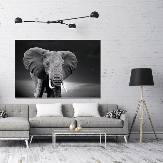 Meester Aan De Muur - Schilderij - Doek Schilderstuk Muurdecoratie Fotokunst Tafereel Elephant On Sunset - Multicolor - 90 X 60 Cm