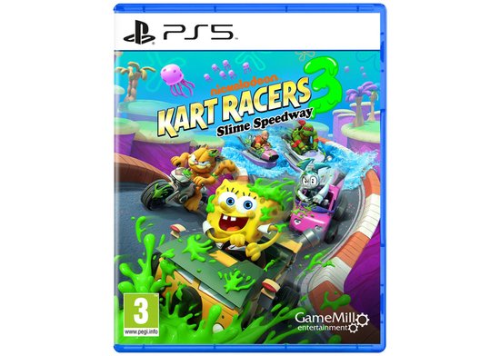 De cover van Nickelodeon Kart Racers 3: Slime Speedway voor PS5, met Spongebob, Patrick, Garfield, Michelangelo en Sandy.