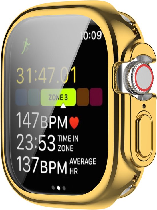 Gouden Apple Watch Ultra hoesje met scherm dat hartslag en tijd toont.