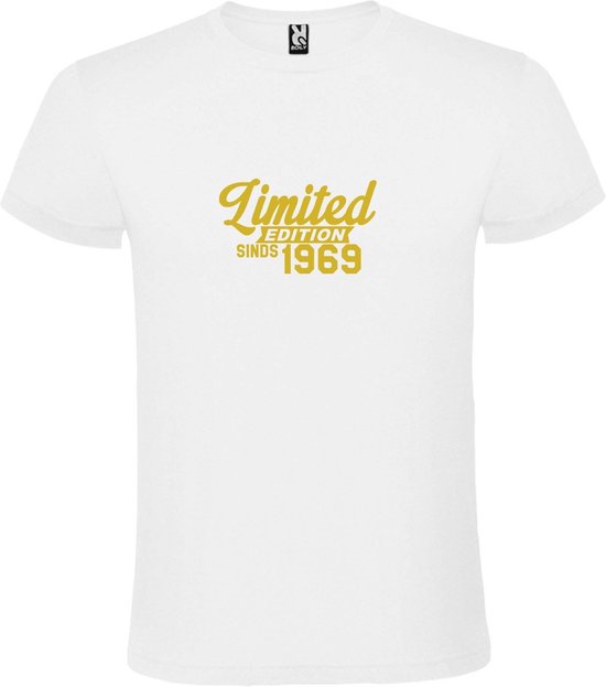 Wit T-Shirt met “ Limited edition sinds 1969 “ Afbeelding Goud Size XS