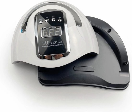 Witte SUN X11 MAX UV LED nagellamp met afneembare zwarte basis en digitale display.