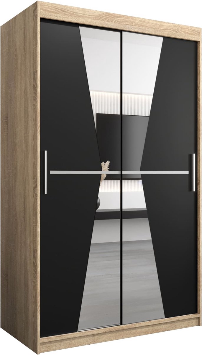 InspireME Kledingkast met 2 schuifdeuren, Modern-stijl, Een kledingkast met planken en een spiegel (BxHxD): 120x200x62 - TOTO 120 Sonoma Eik + Zwart Mat met 2 lades