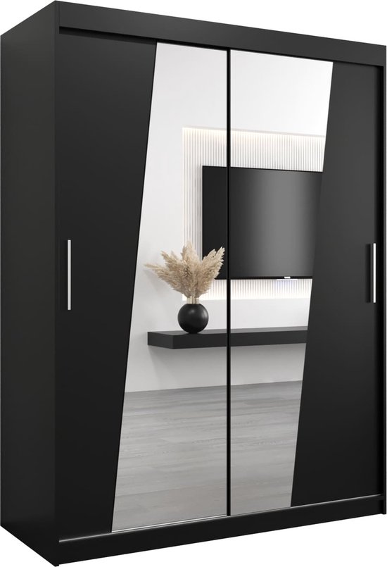 InspireMe - Kledingkast met 2 schuifdeuren, Modern-stijl, Een kledingkast met planken en een spiegel (BxHxD): 150x200x62 - THOR 150 Zwart Mat met 2 lades