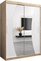 InspireMe - Kledingkast met 2 schuifdeuren, Modern-stijl, Een kledingkast met planken en een spiegel (BxHxD): 150x200x62 - KAHUNA 150 Sonoma Eik + Wit Mat