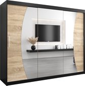 InspireMe - Kledingkast met 3 schuifdeuren, Modern-stijl, Een kledingkast met planken en een spiegel (BxHxD): 250x200x62 - KAHUNA 250 Zwart Mat + Sonoma Eik mat 4 lades