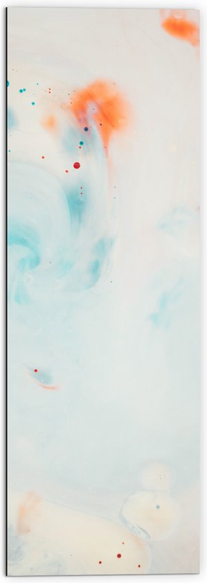 WallClassics - Dibond - Abstracte Blauw/Oranje Vlekken op Witte Achtergrond - 50x150 cm Foto op Aluminium (Met Ophangsysteem)