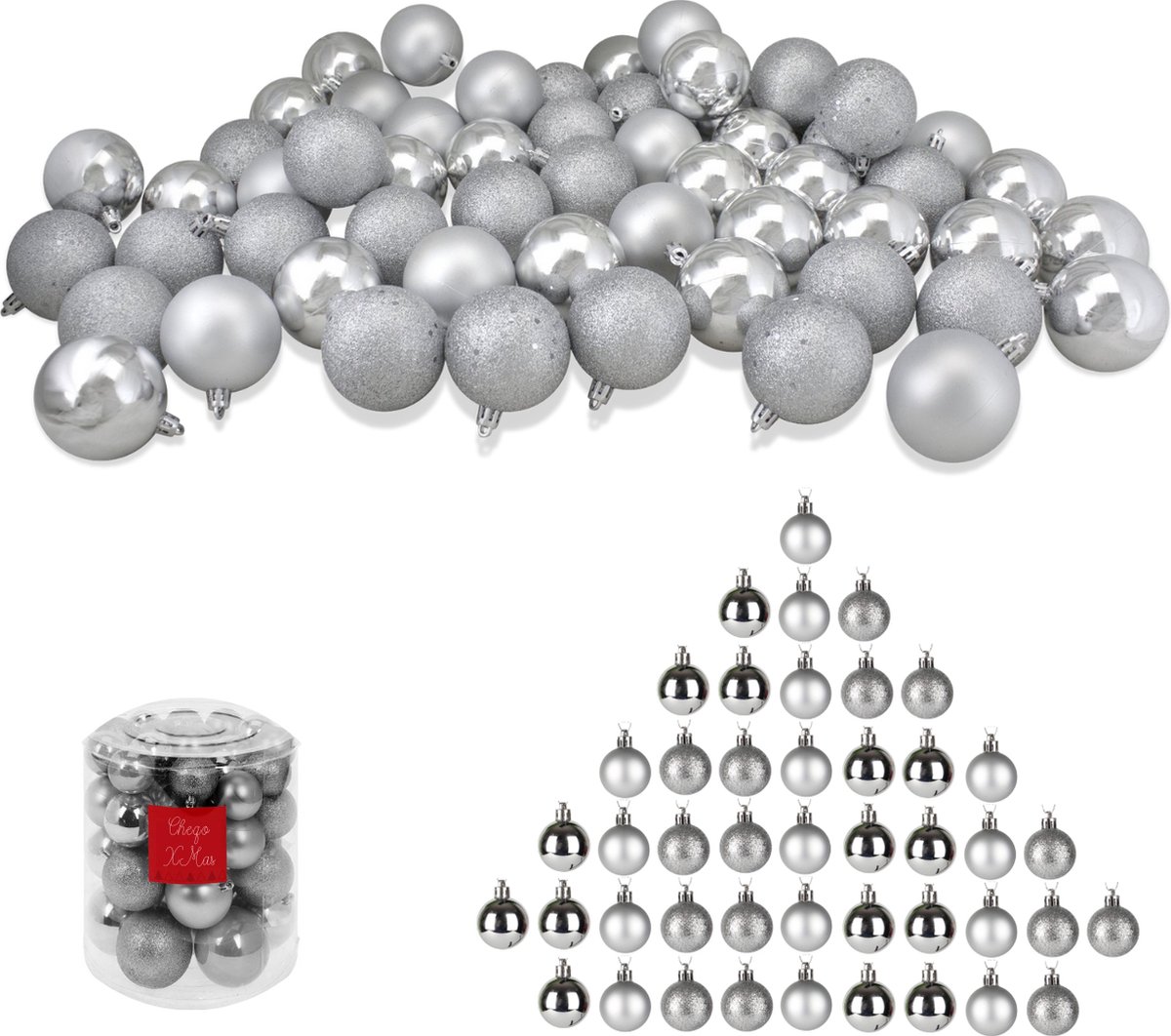 Cheqo® XL Kerstballen Set - Zilveren Kerstballenset - 44 Stuks - Onbreekbaar Plastic - Zilver