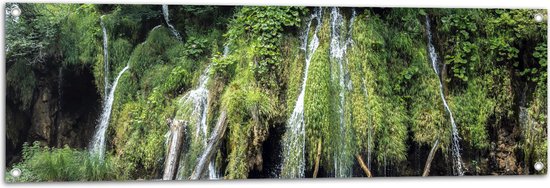 WallClassics - Tuinposter – Waterval tussen de Planten - 120x40 cm Foto op Tuinposter  (wanddecoratie voor buiten en binnen)