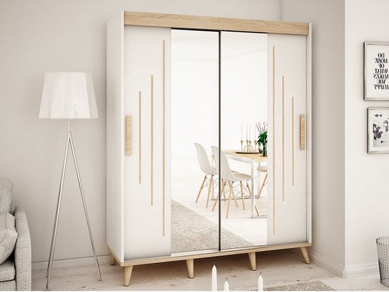 Armoire De Rangement 2 Portes Miroir Coulissantes Décor Hêtre Naturel