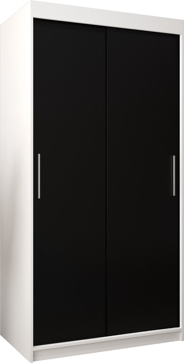 InspireME Kledingkast met 2 schuifdeuren, Modern-stijl, Kledingkast met planken (BxHxD): 100x200x62 - TORM 100 Wit Mat + Zwart met 2 lades