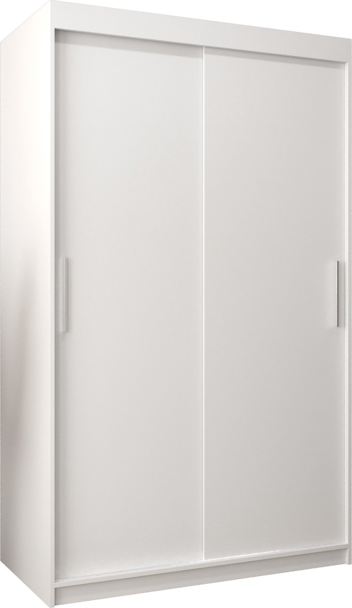 InspireMe - Kledingkast met 2 schuifdeuren, Modern-stijl, Kledingkast met planken (BxHxD): 120x200x62 - TORM 120 Wit Mat met 2 lades