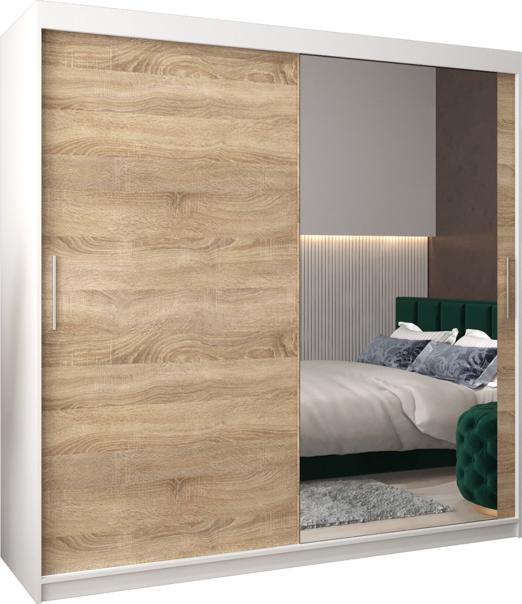 InspireME Kledingkast met 2 schuifdeuren, Modern-stijl, Kledingkast met planken (BxHxD): 200x200x62 - TORM II 200 Wit Mat + Sonoma Eik