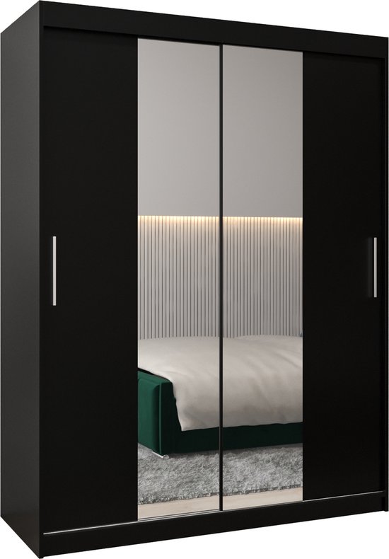 InspireMe - Kledingkast met 2 schuifdeuren, Modern-stijl, Kledingkast met planken (BxHxD):150x200x62 - TORM I 150 Zwart Mat