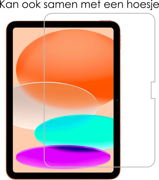 Screenprotector op een iPad, die ook met een hoesje past. Tekst in het Nederlands: 'Kan ook samen met een hoesje'.