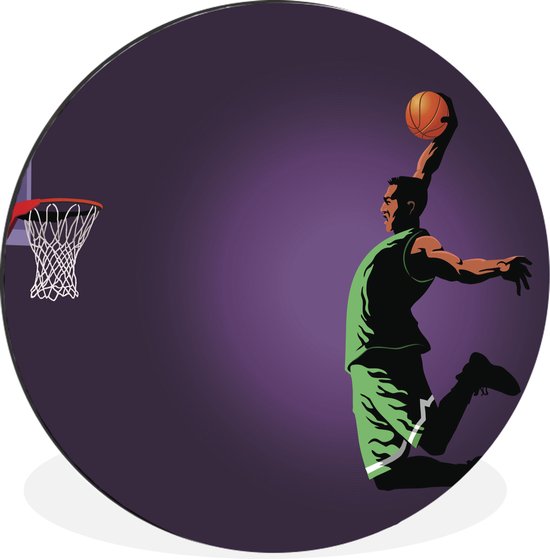 WallCircle - Wandcirkel - Muurcirkel - Een illustratie van een basketballer die spectaculaire dunkt - Aluminium - Dibond - ⌀ 120 cm - Binnen en Buiten XXL