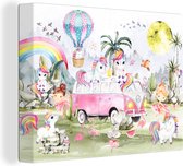 Canvas - Kinderkamer - Unicorn - Eenhoorn - Roze - Auto - Ballon - Canvas schilderij - Canvasdoek - 40x30 cm