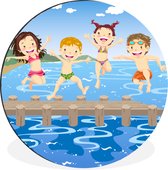 WallCircle - Wandcirkel - Muurcirkel - Een illustratie van springende kinderen op een steiger - Aluminium - Dibond - ⌀ 90 cm - Binnen en Buiten