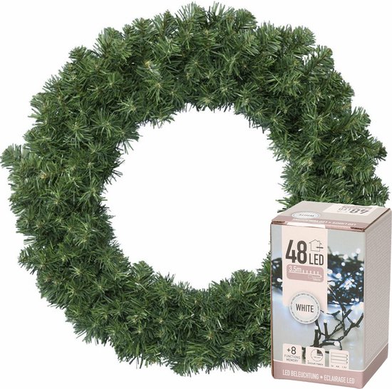 Decoris Kerstkrans - groen - D35 cm - incl. verlichting helder wit