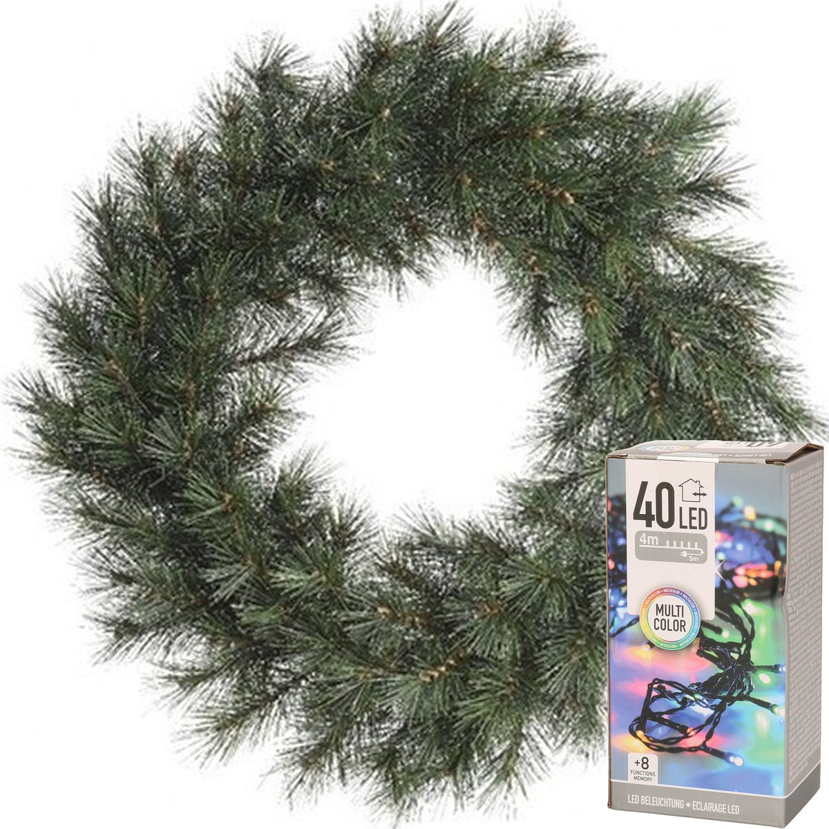 Kleurrijke kerstkrans met verlichting en een diameter van 60 cm van Decoris.