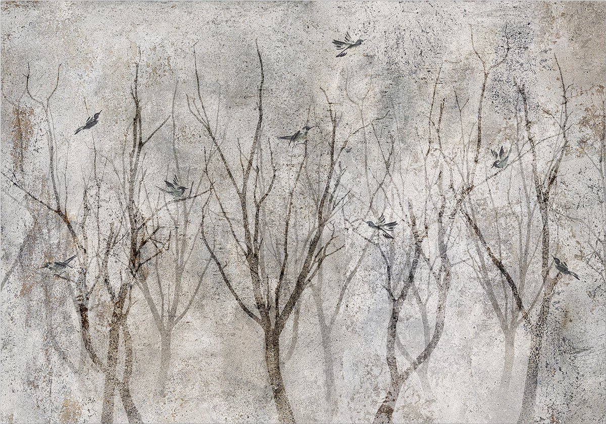 Fotobehangkoning - Behang - Vliesbehang - Fotobehang Bos op Beton - Singing in the Forest - 400 x 280 cm