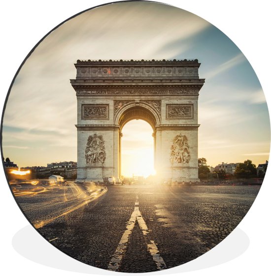 Wandcirkel - Aluminium - Zonsopgang te zien door een Triomfboog in Parijs - ⌀