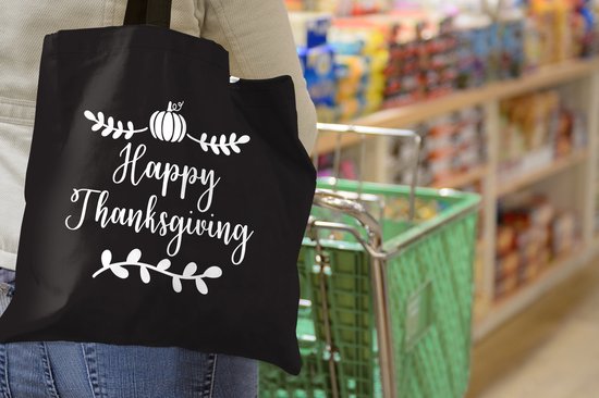 MuchoWow® Sac bandoulière - Sac de plage - Big Shopper - Sac shopping - Citation "Happy Thanksgiving" décoration murale vacances blanc sur noir - 40x40 cm - Sac en coton