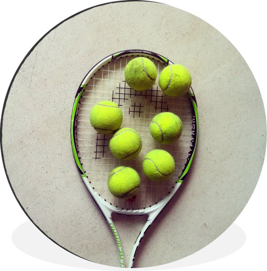 WallCircle - Wandcirkel - Muurcirkel - Tennisracket met veel tennisballen - Aluminium - Dibond - ⌀ 90 cm - Binnen en Buiten
