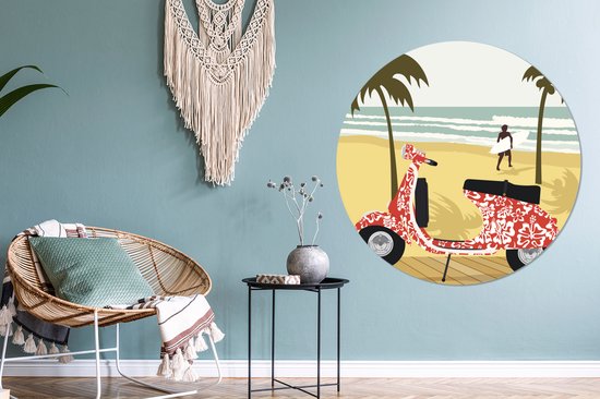 Illustration d'une Vespa rouge sur la plage Cercle mural aluminium ⌀ 140 cm