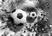 Fotobehang - Vlies Behang - Voetballen in Zilveren 3D Puzzel Tunnel - 368 x 254 cm