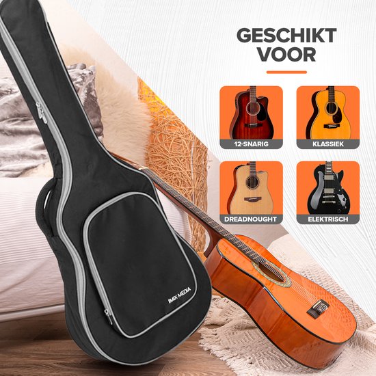 Zwarte gitaartas naast diverse gitaren: 12-snarig, klassiek, dreadnought, elektrisch.