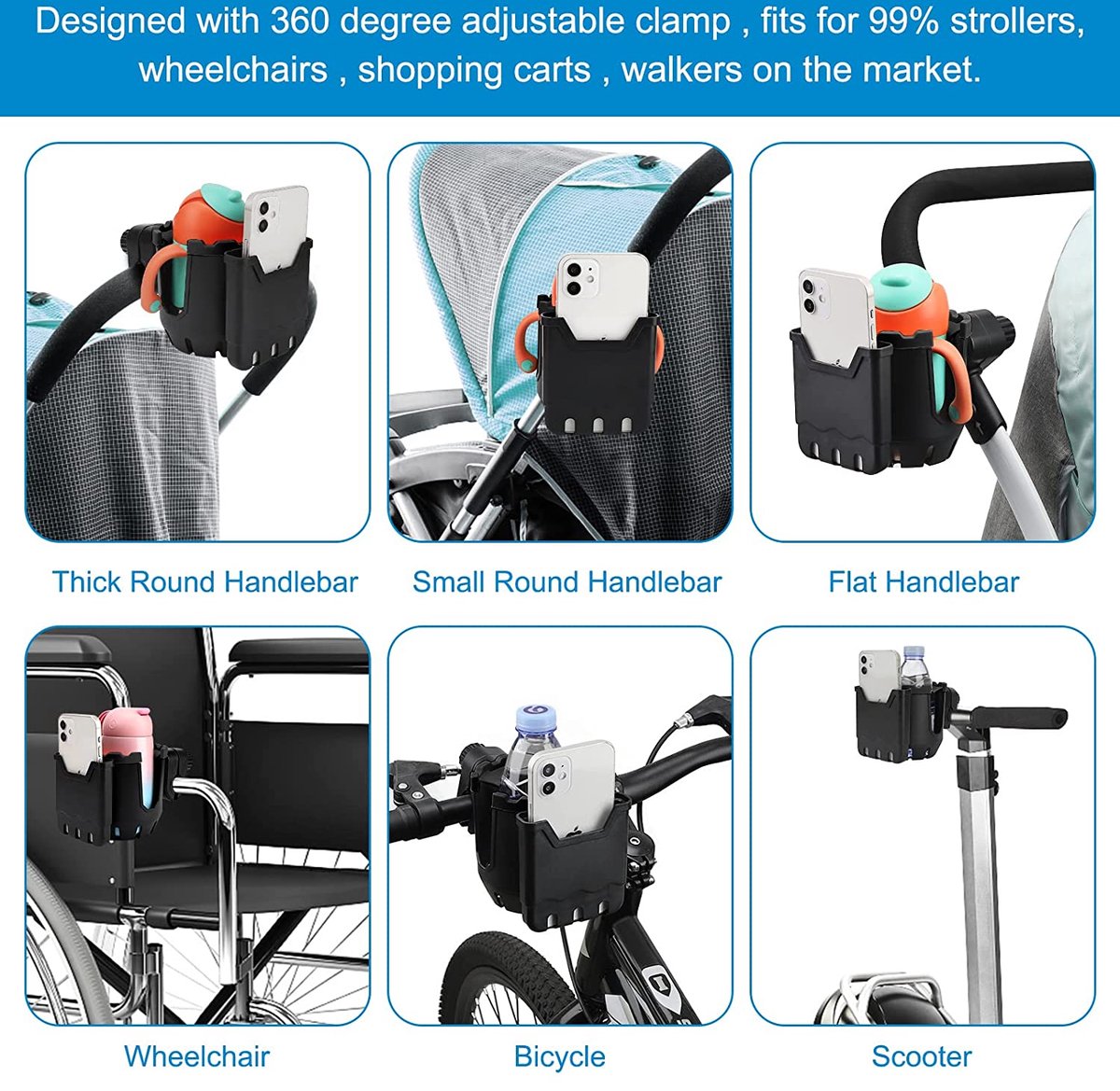 Poussette Porte Gobelet Avec Support Téléphone - Porte Bouteille Vélo Rotatif 360°