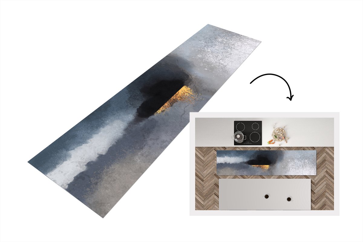 KitchenYeah Keukenloper - Loper keuken - Wolken - Gold - Abstract - 200x50 cm - Keukenloper vinyl Multicolor