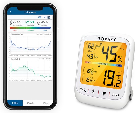 Rovary Hygrometer met App RH10- luchtvochtigheidsmeter – thermometer voor binnen – hygrometer voor binnen – thermometer – Digitaal