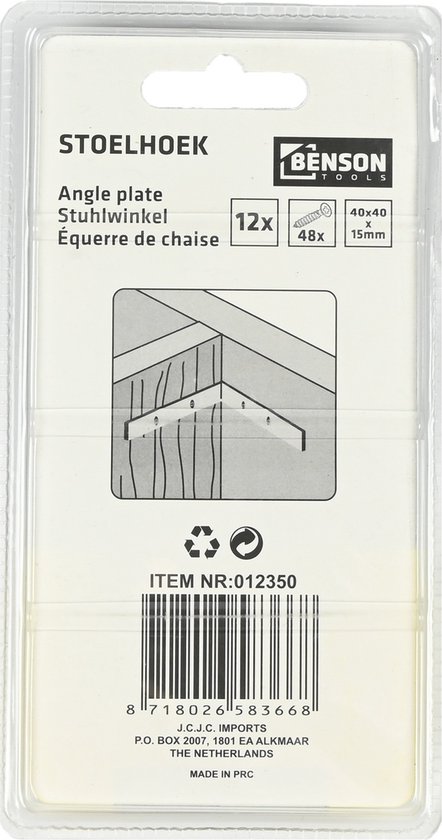 Verpakking Benson stoelhoeken, 12 stuks. Afbeelding van bevestiging aan hoek. Afmetingen 40x40x15mm. Item nr: 012350.