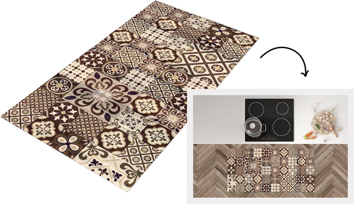 KitchenYeah Keukenloper - Loper keuken - Retro - Patronen - Bruin - Bloemen - Abstract - 120x60 cm - Keukenloper vinyl Multicolor