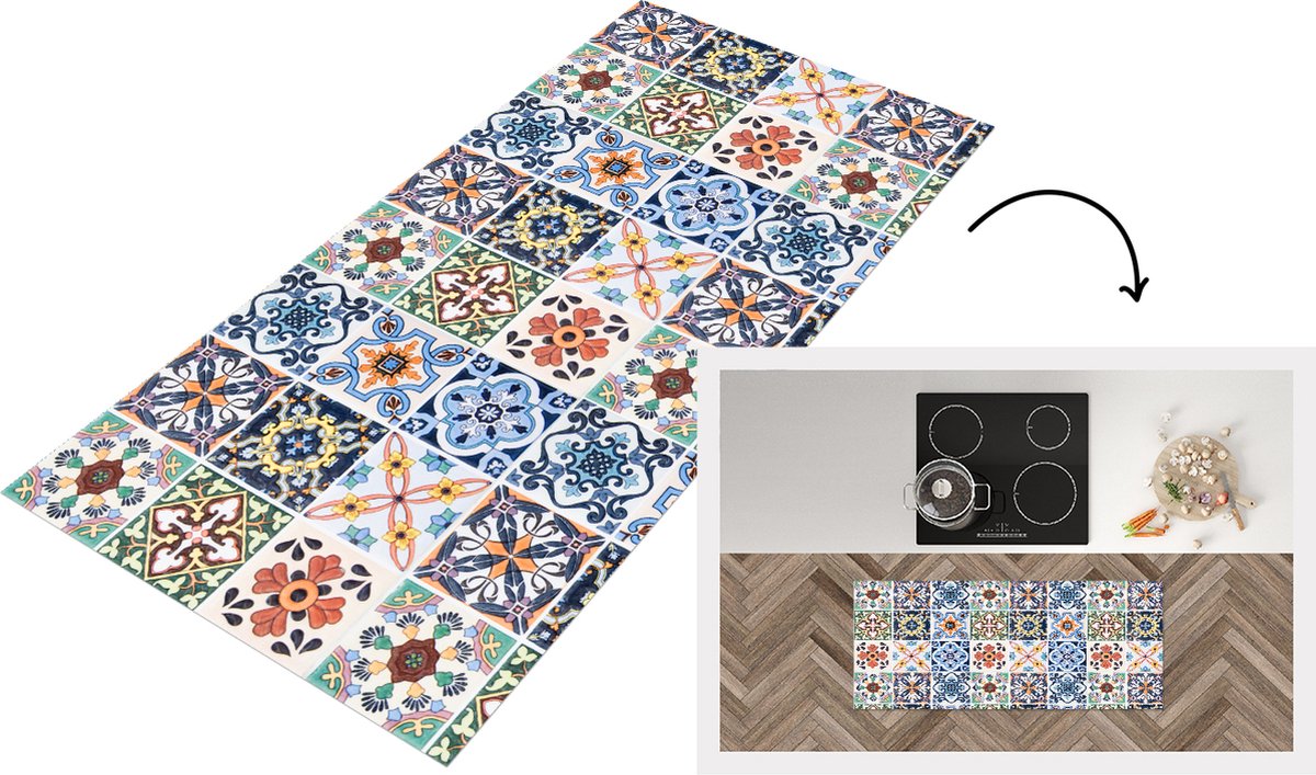 KitchenYeah Keukenloper - Loper keuken - Design - Bloemen - Oranje - Blauw - Abstract - 120x50 cm - Keukenloper vinyl Multicolor
