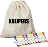 Canvas knijperzak/ opbergzakje knijpers wit/ offwhite met koord 25 x 30 cm en 48 plastic wasknijpers - Knijperzak met knijpers
