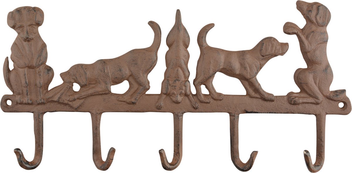 Esschert Design honden kapstok/wandrekje - 5 haken - 35 cm - bruin - gietijzer